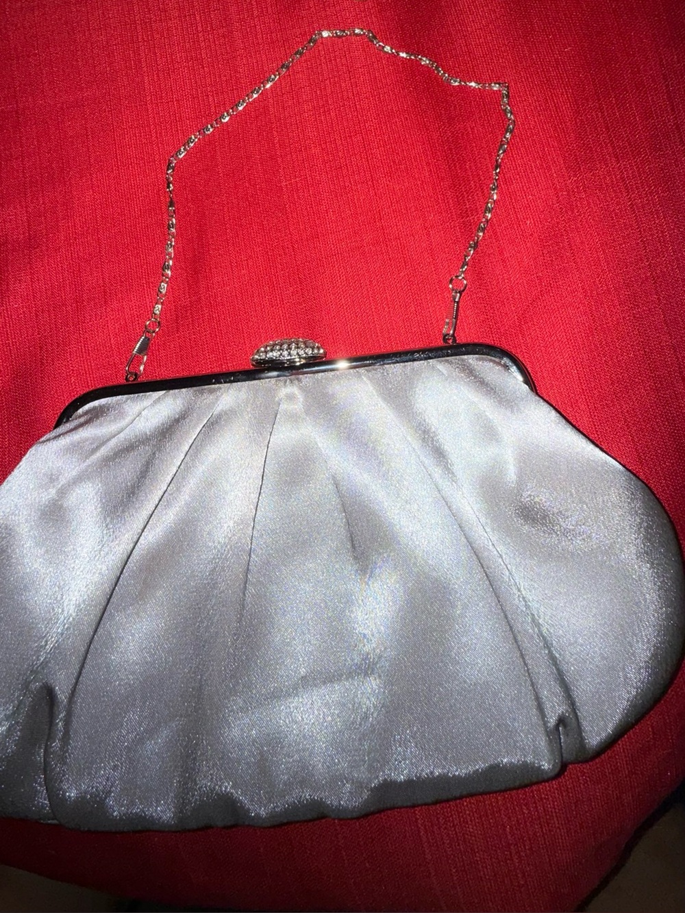 Elegant Silver Satin Evening Clutch with Chain and beautiful clasp
